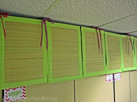 How I Used Dollar Store Placemats To Hide Things Above My Classroom Cupboards https://www.kindergartenworks.com/classroom-setup/no-sew-hide-curriculum/ Dollar Tree Classroom, Classroom Curtains, Classroom Shelves, Classroom Hacks, Classroom Makeover, Classroom Storage, Science Curriculum, Creative Classroom, Classroom Setup