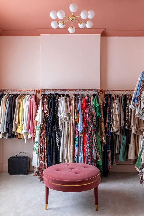 Closet Organization Ideas from London It Girl Rachel Stevens’s Candyland Space Closet Organized, Rachel Stevens, Closet Organization Ideas, Dressing Room Closet, Dream Furniture, Contemporary Wardrobe, Velvet Ottoman, Custom Made Clothing, Room Closet