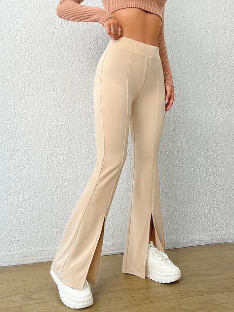 Beige Elegant Collar  Knitted Fabric Plain Flare Leg Embellished Slight Stretch Winter Women Bottoms Flare Pants Outfit Casual, Knit Pants Outfit, Flare Pants Outfit, Flare Leggings Outfit, Nude Leggings, Pant Flare, Flare Leg Trousers, Flair Pants, Casual Chic Outfits