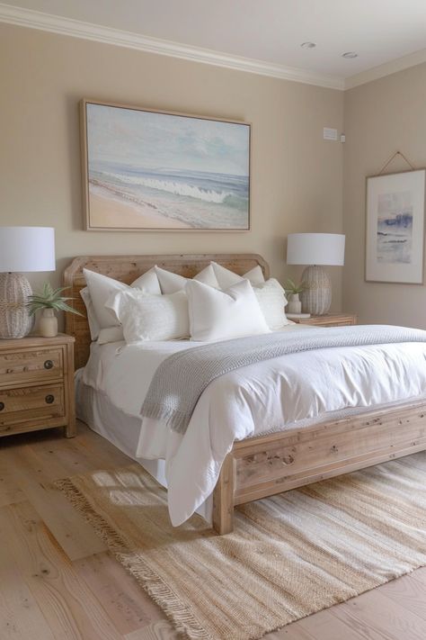 Coastal bedrooms capture the breezy, relaxed essence of the beach, creating a serene and carefree atmosphere. Click for more inspiration. King Bed Costal, Coastal Bedrooms Serena & Lily, Coastal Bedrooms Beds & Frames, Beachy Bedroom Beds & Frames, Pale Blue Bedrooms, White Iron Beds, Soft Blue Walls, Reclaimed Wood Bed Frame, Coastal Bedrooms Beds & Frames Queen