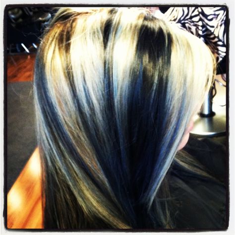 #blonde #blue #black #hair #rockstar Blonde Hair Dark Blue Highlights, Blue Black Hair With Blonde Highlights, Blue Blonde Black Hair, Blue Black Blonde Hair, Blue Black And Blonde Hair, Blue Blonde And Black Hair, Black With Blonde Highlights, Blonde And Blue Hair, Black Hair With Blonde Highlights