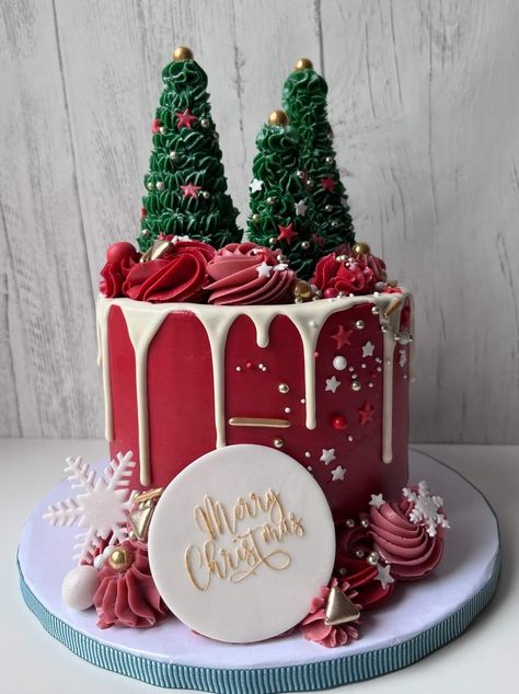 Cake With Drip, Christmas Cake Design, Cakes For Christmas, Christmas Birthday Cake, Homemade Christmas Cake, Easy Christmas Cake Recipe, Christmas Themed Cake, Christmas Cake Ideas, Buttercream Roses