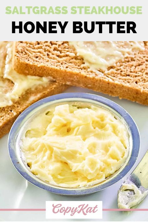 Missing that distinctive taste of Saltgrass Steakhouse Honey Butter? You can find out how to make the best honey butter in your own kitchen with this easy copycat recipe. The key to this drool-worthy spread is simplicity with only 3 ingredients. Homemade honey butter is great for biscuits, bread, and cornbread. Easy Honey Butter, Spicy Cornbread, Homemade Honey Butter, Steakhouse Recipes, Honey Butter Recipe, Flavored Butter, Homemade Dinner Rolls, Copykat Recipes, Small Food Processor