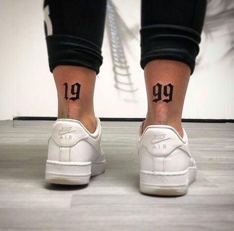 Year Tattoo Number Leg, Birth Year Tattoo Ideas Ankle, 11:11 Tattoo Ideas, Birth Year Tattoo Ideas, Year Tattoo Number, Ankle Tattoo Men, Back Of Leg Tattoos, Forearm Band Tattoos, Date Tattoos