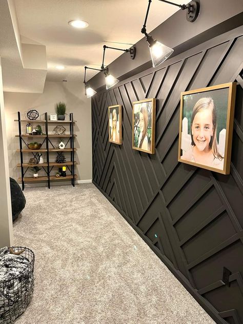 Feature Wall With Pictures, Basement Wall Paneling, Black Accent Wall Family Room, Accent Wall Wood Design, Upstairs Loft Ideas, Wood Texture Wall, Game Room Ideas, Basement Remodel Diy, Basement Inspiration