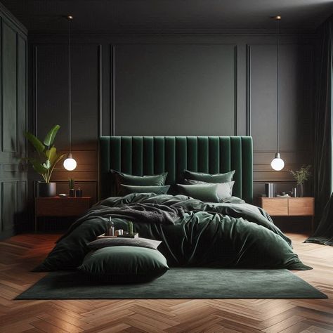 Modern Dark Green Bedroom Green Bed Frame Bedroom Ideas, Dark Green And Grey Bedroom, Emerald Green Black And Gold Bedroom, Forest Green Bed, Emerald Green Accent Wall, Dark Green Moody Bedroom, Dark Green Bedroom Aesthetic, Green Bed Frame, Dark Green Bed