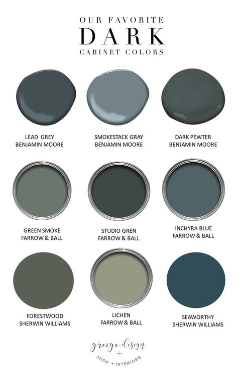 Decorative Cabinet Panels, Cool Home Office Space, Dark Gray With Blue Undertones, Bathroom Decor Dark Cabinets, Cabinet Colors 2023, Dark Cabinet Colors, Warna Dark, Greige Design, House Color Palettes