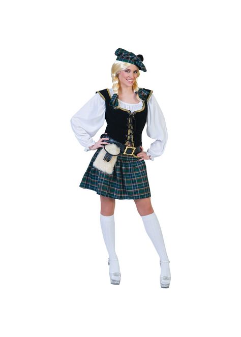 Scottish Costume Women, Usa Costume, Cher Costume, Scottish Costume, Womens Costume, Hat With Pom Pom, California Costumes, Plaid Pleated Skirt, Funny Fashion