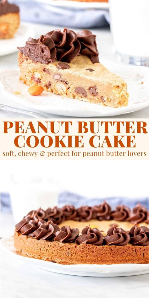 Chocolate Peanut Butter Cookie Cake, Peanut Butter Cookie Cake Recipe, Peanut Butter Cookie Cake, Butter Cookie Cake, Peanut Butter Frosting Recipe, Peanut Cake, Homemade Peanut Butter Cookies, Reese's Pieces, Chocolate Frosting Recipes