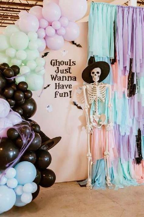 Ghouls just wanna have fun at this cool Halloween party! The party decorations are awesome! See more party ideas and share yours at CatchMyParty.com Halloween Themed Birthday Decorations, Halloween Decor Birthday, Ghouls Day Party, Pastel Halloween Party Backdrop, Halloween 7th Birthday Party, Girly Halloween Party Ideas, Preppy Halloween Birthday Party, Ghoul Gang Birthday Party, Halloween 6th Birthday Party