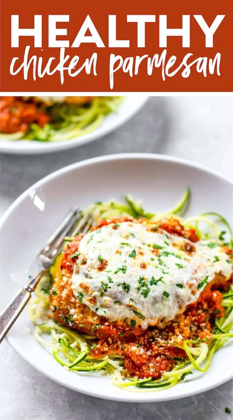 20 Minute Healthy Chicken Parmesan! Healthy Chicken Parmesan made with spiralized zucchini noodles, lightly breaded chicken, Parm cheese and herbs, plus your fave sauce! #chickenparmesan #healthy #zucchininoodles Healthy Chicken Parmesan Recipe, Chicken Parmesan Recipe Easy, Healthy Chicken Parmesan, Chicken Parmesan Recipe, Zucchini Noodle Recipes, Zoodle Recipes, Veggie Noodles, Spiralizer Recipes, Salad Pasta