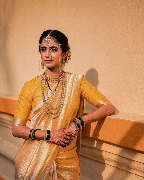 This Marathi bride is exuding a traditional regal vibe in this brocade silk saree 😍 Yellow Saree For Haldi, Marathi Saree, Kerala Saree Blouse, Kerala Saree Blouse Designs, Marathi Bride, Molten Gold, Marathi Wedding, Asian Bridal Dresses, Adventure Seeker