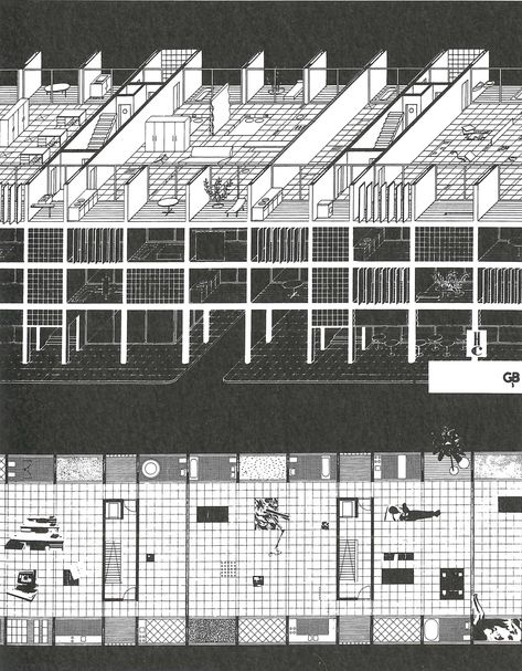 Projet théorique de W. J. Neutelings, A. Wall, X. de Geyter et F. Roodbeen pour le concours «Habitatge i Ciutat», Quaderns, Barcelone, 1990 Portfolio Reference, Axonometric Drawing, Paper Architecture, Architecture Graphics, Plan Drawing, Architectural Drawing, Diagram Architecture, Model Drawing, Architecture Illustration