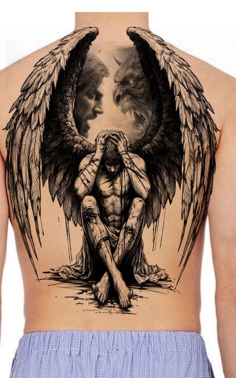 Angel Demon Tattoo Men, Evil Angel Tattoo, Angel Demon Tattoo, Angel Warrior Tattoo, Demon Tattoo, Paradise City, Angel Warrior, Warrior Tattoo, Vs Angels