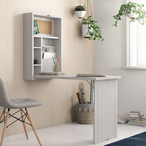 A pull-down desk that looks like a wall cabinet when folded up — perfect for people who are working with limited space. Chic Bedrooms, Foldable Desk, Desks For Small Spaces, Wall Mounted Desk, Folding Desk, Floating Desk, Diy Office, Bedroom Desk, Wall Desk