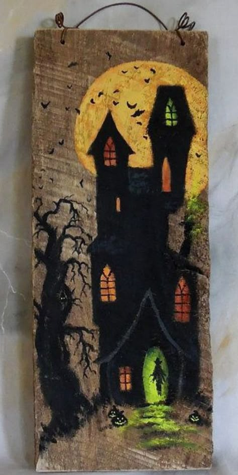 Halloween Board Painting Ideas, Halloween Painting Ideas On Wood, Whimsical Fall Paintings, Halloween Painting On Wood, Halloween Wood Painting, Halloween Pictures To Paint, Spooky Halloween Painting, Acrylic Halloween Paintings, Fall Paintings On Wood