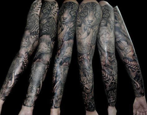 Whitney Fromm Animal Tattoos Men, Animal Tattoos Sleeve, Animal Kingdom Tattoo, Jungle Animal Tattoos, Rhys Tattoo, Paradox Tattoo, Kingdom Tattoo, Sleeve Tattoo Designs, Jungle Tattoo