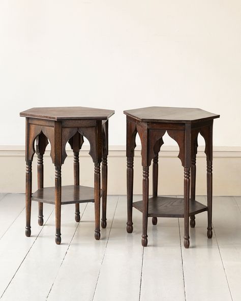 Pair of Victorian ‘Moorish’ Oak two tier Hexagonal side tables in the manner of Liberty & Co | Howe London Side Tables Vintage, Victorian End Tables, Vintage Wood Side Table, Moorish Interior Design, Victorian Side Table, Hexagon Side Table, Howe London, Vintage Side Tables, Moroccan Room