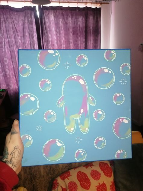 Bubble canvas Easy Bathroom Painting Ideas On Canvas, Spongebob Acrylic Painting Easy, Diy Bubble Decor, Bubble Buddy Painting, Spongebob Bedroom Ideas, Spongebob Canvas Art, Bubble Buddy Tattoo, Spongebob Wall Art, 5x5 Painting Ideas