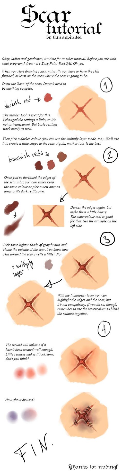 bunnypirates Scar Digital Art Tutorial, Scar Tutorial Drawing, Injuries Drawing, Drawing Injuries, Drawing Wounds, Blood Tutorial Digital Art, Drawing Scars, Scar Tutorial, How To Draw Scars