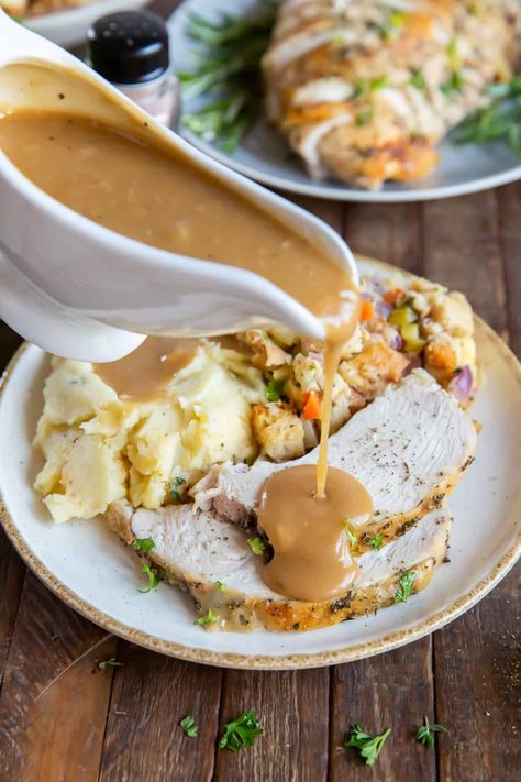 This Roasted Turkey Breast with Gravy is a wonderful option if you're serving a smaller group for Thanksgiving or just don't want to bother with roasting a whole turkey. It's faster, easier, and absolutely delicious! Thanksgiving Dinner For Two, Best Turkey Gravy, Turkey Gravy Easy, Homemade Turkey Gravy, Making Turkey Gravy, Turkey Breast Crockpot, Gluten Free Gravy, Turkey Gravy Recipe, Crockpot Turkey