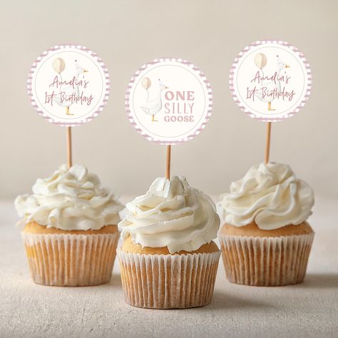 One Silly Goose Cupcake Toppers Template | Editable Printable Girl Goose 1st Birthday Party Cupcake Decor | Goose First Birthday S716 One Silly Goose, Cupcake Toppers Template, Cupcake Party, Birthday Cupcakes, Cupcakes Decoration, Birthday Bash, Cupcake Toppers, 1st Birthday Parties, Software