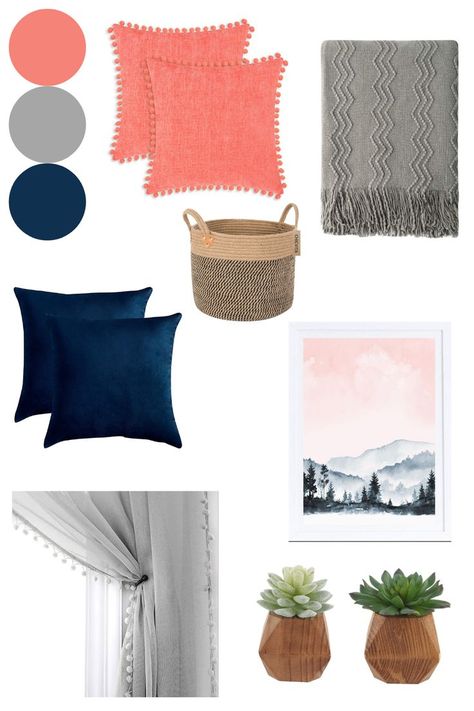 Pretty navy blue, coral, and gray living room decor ideas! Coral And Blue Bedroom Ideas, Navy Blue And Coral Living Room, Coral And Gray Living Room, Navy Coral Living Room, Coral And Blue Living Room, Navy And Coral Living Room, Coral Living Room Ideas, Blue Coral Living Room, Coral And Blue Bedroom