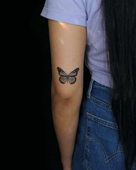 Butterfly Tricep Tattoo, Tricep Butterfly Tattoo, Butterfly Tattoo Tricep, Monarch Butterfly Tattoo Black And White, Back Elbow Tattoo, Fineline Butterfly Tattoo, Filter Tattoo, Monarch Tattoo, Tricep Tattoos