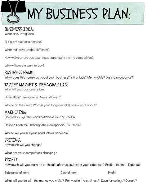 Business Plan for Kids - I hope this business plan worksheet helps your kids, and mine, dissect some of their business ideas and come out with a more concise, actionable plan.  I know they’re young, but kids have a unique ability to gain new skills and proficiencies quickly.  If a simple practice like this helps them understand business in new ways, as well as encourages them to think outside of the box — I’M IN! Finanse Osobiste, Simple Business Plan, Startup Business Plan, Business Checklist, Small Business Organization, Small Business Plan, Writing A Business Plan, Kids Series, Small Business Success