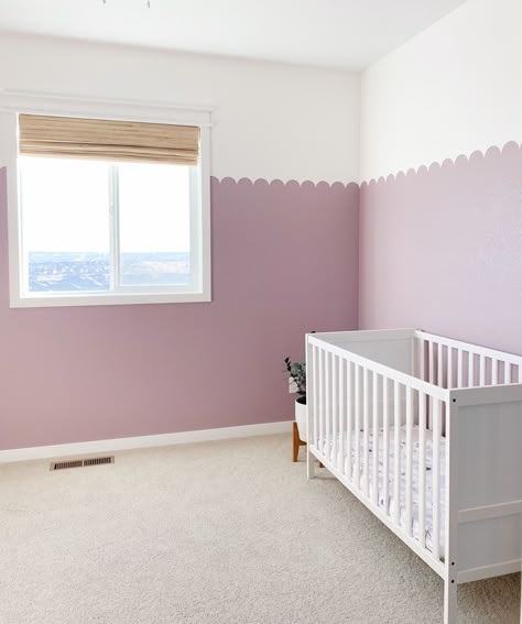 Have you been wanting to do a cute feature wall in a bedroom? A scalloped wall is the perfect way to add a feature wall while not spending a lot of money! You can either paint one wall or all the walls in the room! Both are great options! Click to see the step by step process for this easy DIY.   #nursery #girlbedroom #purplebedroom #purplewall #girlnursery #bohonursery #scallopwall #scallopedwall #whitecrib #bohodecor #bohobedroom Provenza Vinyl Plank Flooring, Nursery Wall Painting, Girl Bedroom Walls, Purple Bedroom, Purple Walls, Toddler Bedrooms, Big Girl Rooms, Vinyl Plank Flooring, Baby's Room