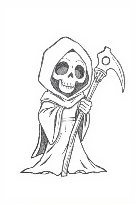 Check Out This Cute Grim Reaper Drawing & 12+ Other Grim Reaper Drawing Ideas! #drawingideas #drawinginspiration Skeleton Sketch Simple, Cute Grim Reaper Tattoo, Grungy Drawings, Rip Drawing Ideas, Grim Reaper Sketch, Dark Drawing Ideas, Cartoon Grim Reaper, American Flag Drawing, Grim Reaper Drawing