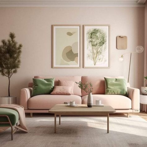 Pale Pink Interior Design, White Pink Green Living Room, Minimalist Pink Living Room, Neutral Pink And Green Living Room, Pink And Green Lounge Ideas Living Rooms, Beige Green Pink Aesthetic, Pink Green Living Room Ideas, Mid Century Modern Living Room Pink, Pink And Wood Living Room