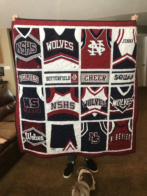 T-shirt quilt from cheer uniforms Cheer Uniform Display Ideas, Cheer Uniform Quilt, Cheerleading Chants, Cheer Jackets, Graduation Quilt, Sports Blanket, Shirt Blanket, Cheerleading Tshirts, Cheer Team Pictures