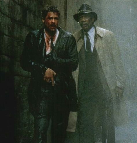 Rain effect sounds & lighting, plus general bleakness Seven 1995, Se7en 1995, Seven Movie, Black Leather Trench Coat, Manga Reference, David Fincher, Womens Biker Jacket, Morgan Freeman, Leather Trench