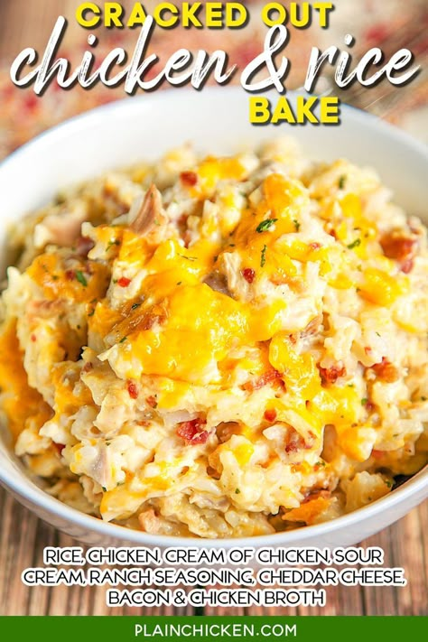 Cracked Out Chicken And Rice, Cracked Out Chicken, Easy Weeknight Casseroles, Chicken Rice Bake, Weeknight Casseroles, Chicken Cheddar, Cracked Out, Meals Chicken, Rice Bake