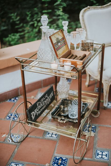 Joseph Bar Cart | Decanters | Bar Sign | Lorraine Serving Tray | Cigar Box Whiskey Cart, Tonneau Bar, Wedding Bar Cart, Wedding Dessert Table Decor, Wedding Cigars, Retro Wedding Theme, Whisky Bar, Elegant Birthday Cakes, Whiskey Bar