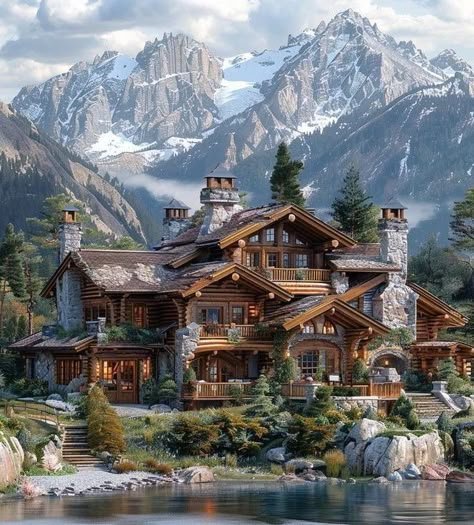 Cabin Mansion, Mountain Dream Homes, Log Cabin Ideas, Dream Life House, House Arch Design, Fantasy Homes, Fantasy House, Log Home, Forest House