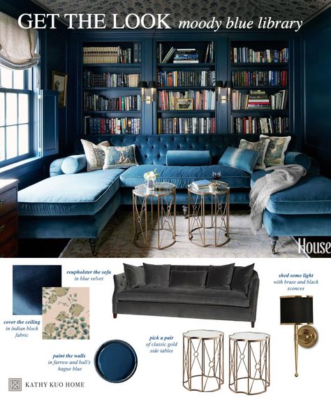 Lessons in Library Design: This moody blue library featured in @House Beautiful Magazine trades the usual neutrals and leather for soft velvet and a singular color palette. Love seeing our gold side tables featured - as a pair, they make a great coffee table alternative. #kathykuohome #housebeautiful #library Blue Library, House Beautiful Magazine, Cool Bookshelves, Home Library Design, Blue Furniture, Colored Ceiling, Box Houses, Library Design, Kathy Kuo Home