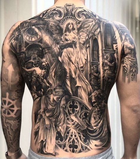 Tattooed Person, Back Tattoos For Men, Angel Back Tattoo, Angels Tattoo, Heavily Tattooed, Traditional Japanese Tattoo Designs, Cool Back Tattoos, Unique Tattoos For Men, Zeus Tattoo