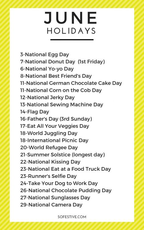 Fun and random June Holidays and how to celebrate them. What a great way to celebrate the little things! Random Holidays Calendar, June Holidays, List Of Holidays, National Kissing Day, Monthly Holidays, National Holiday Calendar, Food Calendar, Silly Holidays, Monthly Celebration