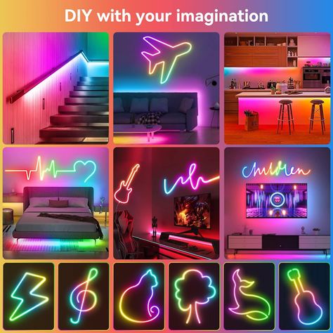 HOUHUI Neon Rope Lights,5m RGB LED Neon Rope Light with Remote App Control, IP67 Waterproof Neon LED Strip Lights 12V Music Sync DIY Design Flex Neon Lights for Bedroom Gaming Room Kids Wall Decor : Amazon.co.uk: Lighting Govee Neon Rope Idea, Neon Rope Light Ideas, Led Strip Ideas, Neon Lights For Bedroom, Bedroom Gaming Room, Neon Rope Light, Diy Neon Sign, Bedroom Gaming, Neon Rope