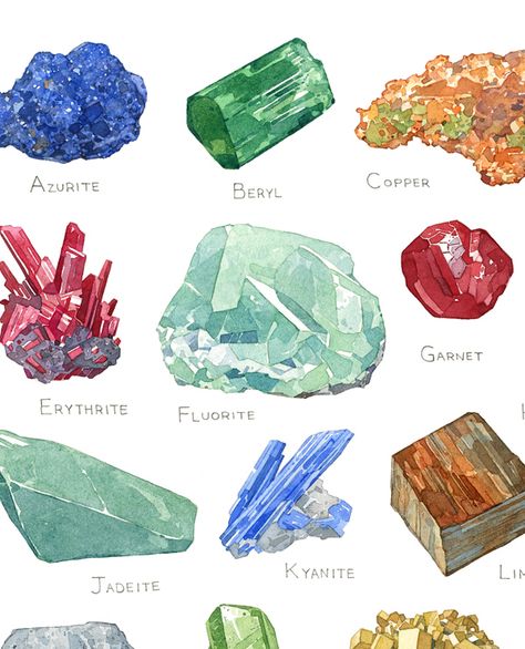 Mineral Illustration, Crystals Art Drawing, Alphabet Watercolor, Geology Art, Crystals Watercolors, Crystal Illustration, Minerals Museum, Crystal Drawing, Gemstone Art