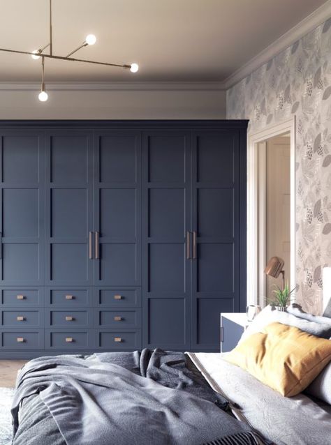 Here's 5 reasons why your bedroom needs fitted wardrobes today says interior stylist & blogger Maxine Brady Shaker Bedroom Wardrobes, Bedroom Cabinets Modern Interior Design, Shaker Style Wardrobe, Blue Bedroom Wardrobe, Wardrobe Colours Bedroom, Blue Wardrobe Bedroom, Navy Blue Wardrobe, Colours Bedroom, Bespoke Bedroom