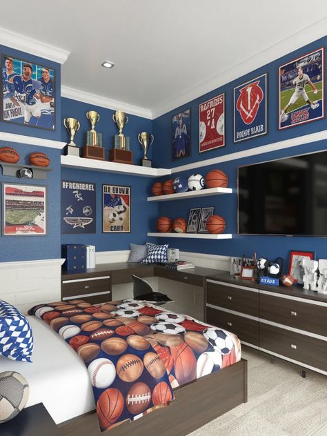 Sports Themed Bedroom For Boys, Sports Bedrooms, Nba Bedroom, Boys Soccer Bedroom, Teen Boy Bedroom Decor, Soccer Bedroom, Sports Themed Bedroom, Sports Room Boys, Boy Bedroom Decor