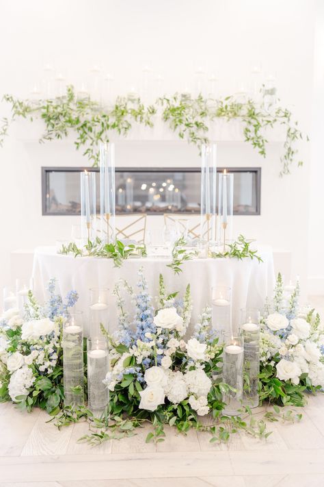 Blue Hydrangea Sweetheart Table, Sweetheart Table Wedding Dusty Blue, Blue Sweetheart Table Wedding, Sweetheart Table Wedding Blue, Blue And White Sweetheart Table, Sweetheart Table Blue, Candle Aisle Decor, Sweetheart Table Candles, Bridal Head Table