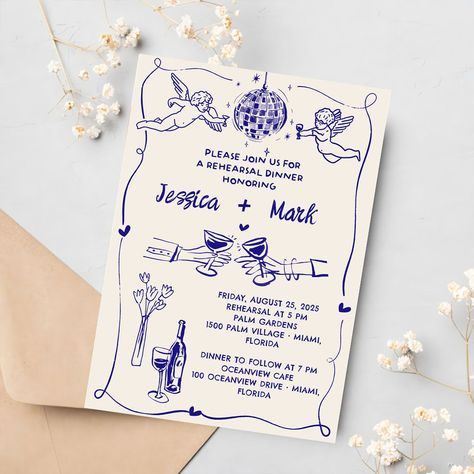 Funky Retro Hand drawn Wedding Rehearsal Dinner Retro Diner Wedding, Sketch Wedding Invitation, Save The Date Funky, Secret Wedding Invitation, Art Show Invitation, Hand Drawn Invitations Wedding, New Year Invitation Card Design, Funky Wedding Invites, Artsy Wedding Invitation