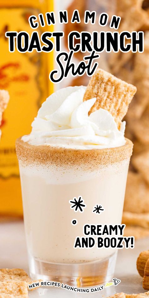 Cinnamon Toast Crunch Shots Recipe, Cinnamon Toast Crunch Shots, Cinnamon Toast Crunch Drink, Gummy Bear Drink, Cinnamon Toast Crunch Shot, Cream Puff Dessert, Shots Alcohol Recipes, Puff Dessert, Cinnamon Twist