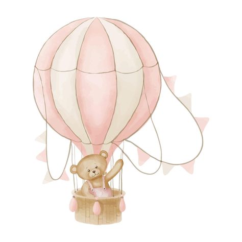 Air Balloon with Teddy Bear. Vintage watercolor illustration for Baby shower greeting cards or Children party invitations. Drawing of old retro aircraft for kid design in pastel pink and beige colors Newborn Greeting Card, Baby Shower Greetings, Teddy Bear Vintage, Kid Design, Baby Boy Invitations, Baby Shower Greeting Cards, Balloon Illustration, Teddy Bear Clipart, Children Party