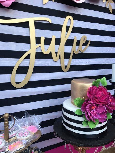 Kate Spade Party Theme, Kate Spade Birthday Party, Finger Food Party, Kate Spade Inspired Party, Boxwood Backdrop, Graduation Party Desserts, Kate Spade Party, 30th Bday Party, Rose Gold Top