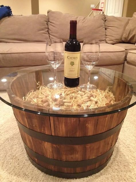 Wine Cork Candle, Wine Barrel Coffee Table, Wine Barrel Table, Barrel Coffee Table, Whiskey Barrel Furniture, Wine Cork Diy, Wine Barrel Furniture, Barrel Decor, Barrel Table